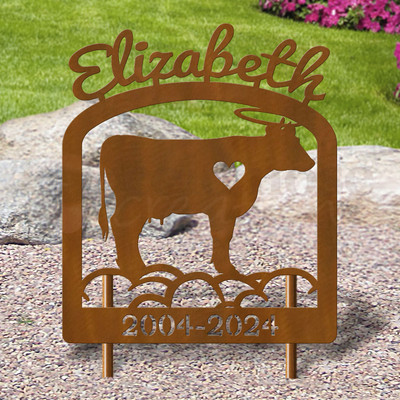 Custom Made Dairy Cow Pet Memorial - 16in W Sturdy Upright Metal - Rust Patina with Script Lettering