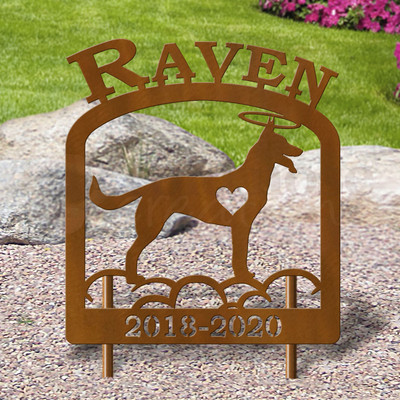 Custom Made Belgian Malinois Pet Memorial - 16in W Sturdy Upright Metal - Rust Patina with Block Lettering