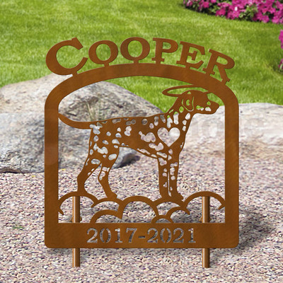 Custom Made Dalmatian Pet Memorial - 16in W Sturdy Upright Metal - Rust Patina with Block Lettering