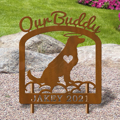 Custom Made Golden Retriever Pet Memorial - 16in W Sturdy Upright Metal - Rust Patina with Script Lettering