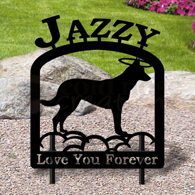 Custom Made German Shepherd Pet Memorial - 16in W Sturdy Upright Metal - Satin Black with Block Lettering
