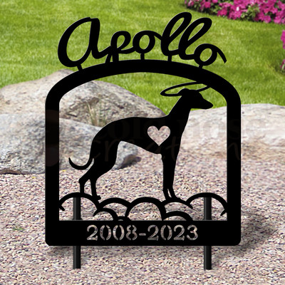 Custom Made Greyhound Pet Memorial - 16in W Sturdy Upright Metal - Satin Black with Script Lettering
