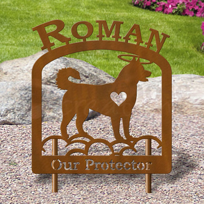 Custom Made Husky Pet Memorial - 16in W Sturdy Upright Metal - Rust Patina with Block Lettering