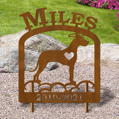 Custom Made Great Dane Pet Memorial - 16in W Sturdy Upright Metal - Rust Patina with Block Lettering