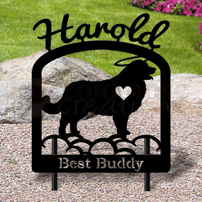 Custom Made Leonberger Pet Memorial - 16in W Sturdy Upright Metal - Satin Black with Script Lettering