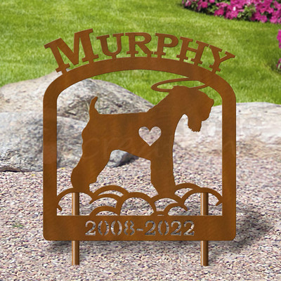 Custom Made Soft-coated Wheaten Terrier Pet Memorial - 16in W Sturdy Upright Metal - Rust Patina with Block Lettering