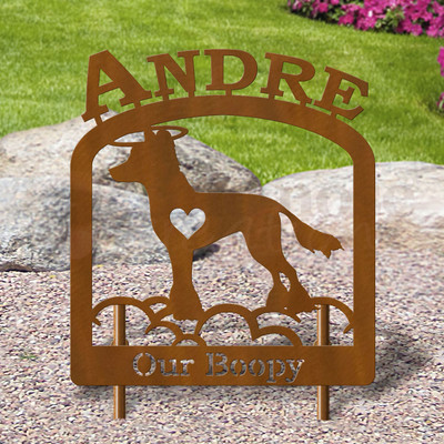 Custom Made Chinese Crested Pet Memorial - 16in W Sturdy Upright Metal - Rust Patina with Block Lettering