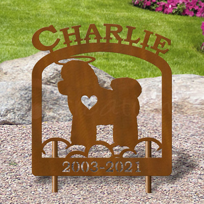 Custom Made Bichons Frise Pet Memorial - 16in W Sturdy Upright Metal - Rust Patina with Block Lettering