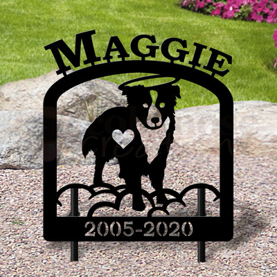 Custom Made Border Collie Pet Memorial - 16in W Sturdy Upright Metal - Satin Black with Block Lettering