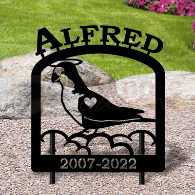 Custom Made Monk Parakeet Pet Memorial - 16in W Sturdy Upright Metal - Satin Black with Block Lettering