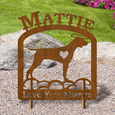 Custom Made Shorthaired Pointer Pet Memorial - 16in W Sturdy Upright Metal - Rust Patina with Block Lettering