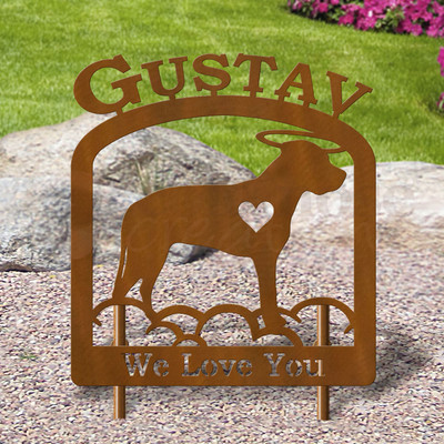 Custom Made Dogo Argentino Pet Memorial - 16in W Sturdy Upright Metal - Rust Patina with Block Lettering