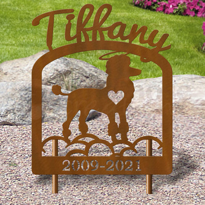 Custom Made Poodle (Standard) Pet Memorial - 16in W Sturdy Upright Metal - Rust Patina with Script Lettering