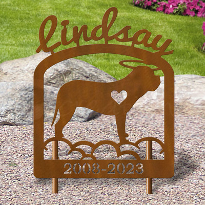 Custom Made Dogues De Bordeaux Pet Memorial - 16in W Sturdy Upright Metal - Rust Patina with Script Lettering