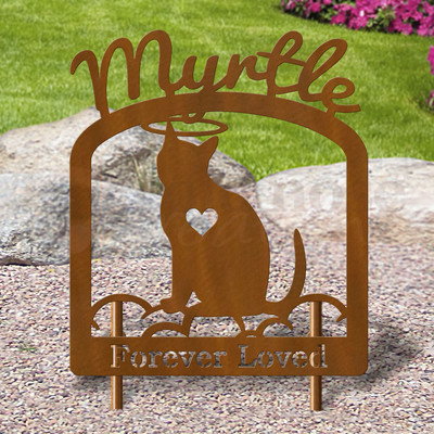 Custom Made Cat Facing Forward Pet Memorial - 16in W Sturdy Upright Metal - Rust Patina with Script Lettering