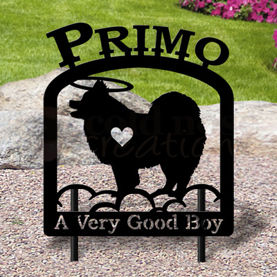 Custom Made Pomeranian Pet Memorial - 16in W Sturdy Upright Metal - Satin Black with Block Lettering