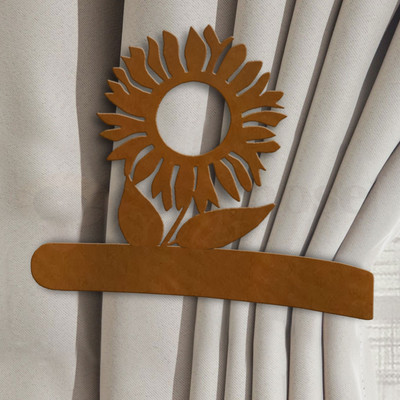 Floral Decor Sunflower Design Curtain Tie Back Hooks - Rust Patina Left Side
