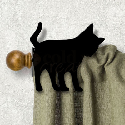 Feline Decor Curious Cat Design Custom Size Curtain Rod Holders - Satin Black Left Side
