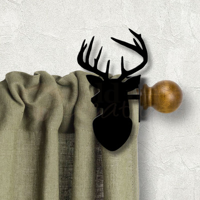 Lodge Decor Deer Bust Design Custom Size Curtain Rod Holders - Satin Black Right Side