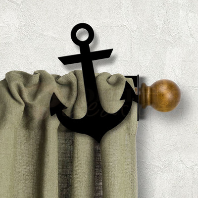 Coastal Decor Anchor Design Custom Size Curtain Rod Holders - Satin Black Right Side