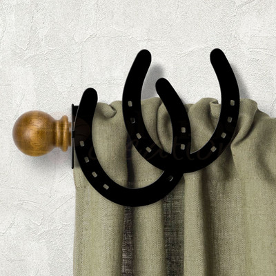 Western Decor Horseshoes Design Custom Size Curtain Rod Holders - Satin Black Left Side