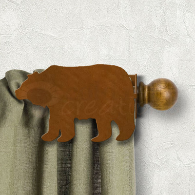 Lodge Decor Bear Design Custom Size Curtain Rod Holders - Rust Patina Right Side