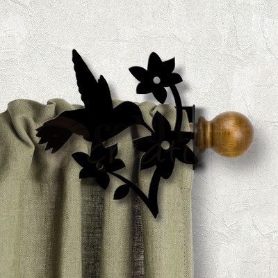 Wildlife Decor Hummingbird Design Custom Size Curtain Rod Holders - Satin Black Right Side