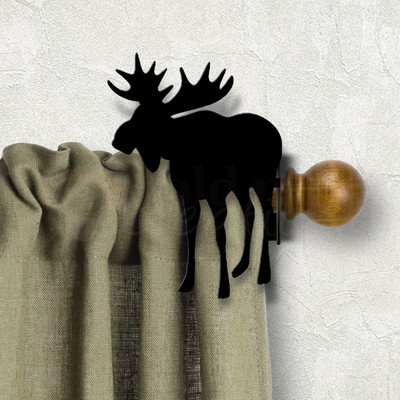 Lodge Decor Moose Design Custom Size Curtain Rod Holders - Satin Black Right Side