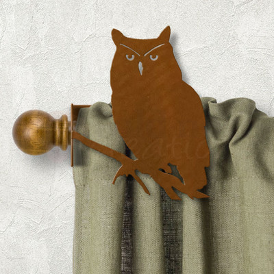 Wildlife Decor Owl Design Custom Size Curtain Rod Holders - Rust Patina Left Side