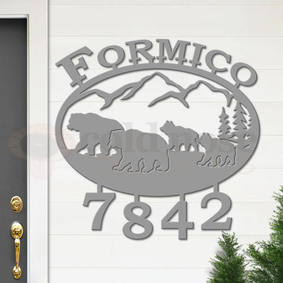 Custom Lodge Decor Bear Family Name and Address Oval Outdoor Wall Sign - unpainted primer with block font