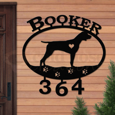 Custom Dog Theme Shorthaired Pointer Name and Address Oval Outdoor Wall Sign - satin black with block font