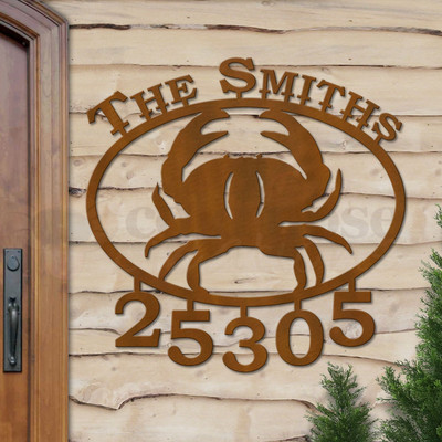 Custom Coastal Decor Crab Name and Address Oval Outdoor Wall Sign - rust patina with block font