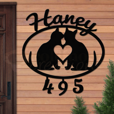 Custom Cat Theme Love Cats Name and Address Oval Outdoor Wall Sign - satin black with script font