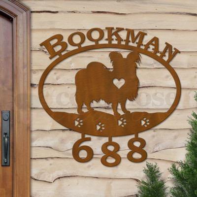 Custom Dog Theme Papillon Name and Address Oval Outdoor Wall Sign - rust patina with block font
