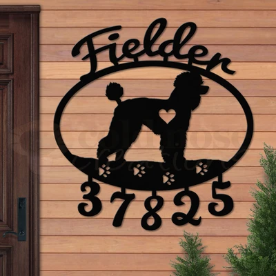 Custom Dog Theme Poodle (Standard) Name and Address Oval Outdoor Wall Sign - satin black with script font