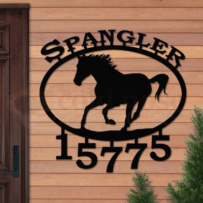 Custom Western Decor Running Horse Name and Address Oval Outdoor Wall Sign - satin black with block font