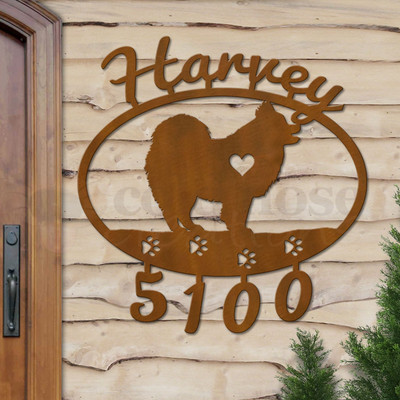 Custom Dog Theme Pomeranian Name and Address Oval Outdoor Wall Sign - rust patina with script font