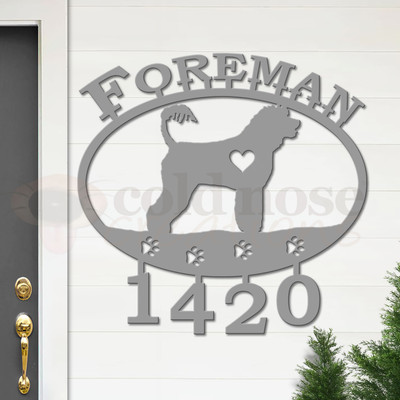 Custom Dog Theme Portuguese Water Dog Name and Address Oval Outdoor Wall Sign - unpainted primer with block font