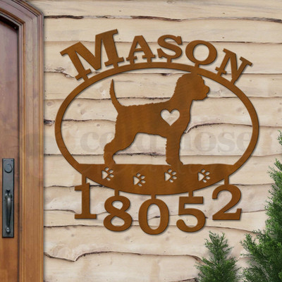 Custom Dog Theme Lagotti Romagnoli Name and Address Oval Outdoor Wall Sign - rust patina with block font