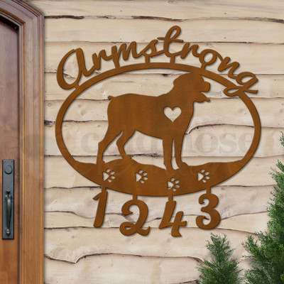 Custom Dog Theme Rottweiler Name and Address Oval Outdoor Wall Sign - rust patina with script font