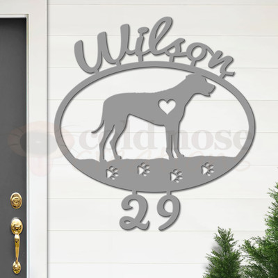 Custom Dog Theme Rhodesian Ridgeback Name and Address Oval Outdoor Wall Sign - unpainted primer with script font