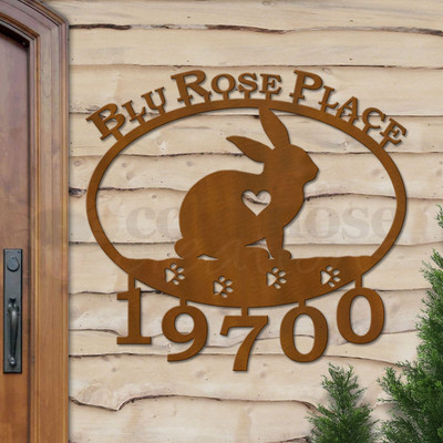 Custom Animal Theme Rabbit Name and Address Oval Outdoor Wall Sign - rust patina with block font