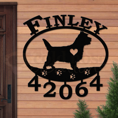 Custom Dog Theme Cairn Terrier Name and Address Oval Outdoor Wall Sign - satin black with block font