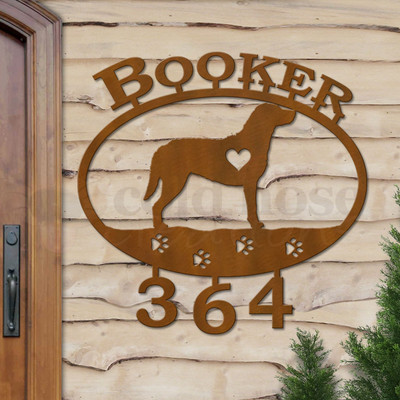 Custom Dog Theme Chesapeake Bay Retriever Name and Address Oval Outdoor Wall Sign - rust patina with block font