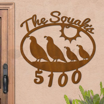 Custom Southwest Decor Quail Family Name and Address Oval Outdoor Wall Sign - rust patina with script font