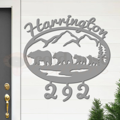 Custom Lodge Decor Bears in the Snow Name and Address Oval Outdoor Wall Sign - unpainted primer with script font