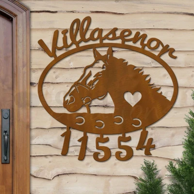 Custom Horse Theme Horse Name and Address Oval Outdoor Wall Sign - rust patina with script font