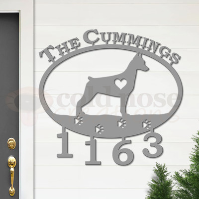 Custom Dog Theme Miniature Pinscher Name and Address Oval Outdoor Wall Sign - unpainted primer with block font