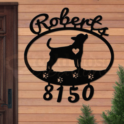 Custom Dog Theme Chihuahua Name and Address Oval Outdoor Wall Sign - satin black with script font