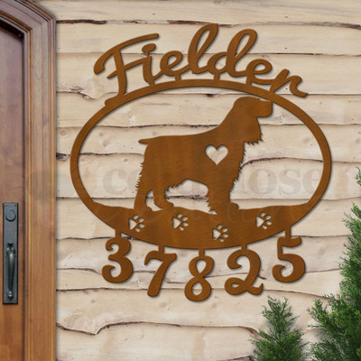 Custom Dog Theme Cocker Spaniel Name and Address Oval Outdoor Wall Sign - rust patina with script font